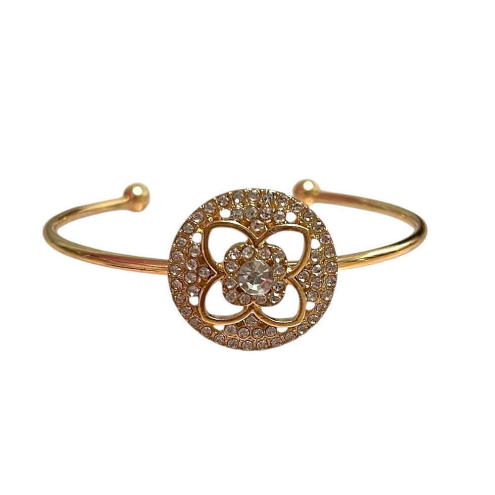 💎2/$30💎 Elegant Round Clover Clear Rhinestone Gold Tone Open Cuff Bracelet